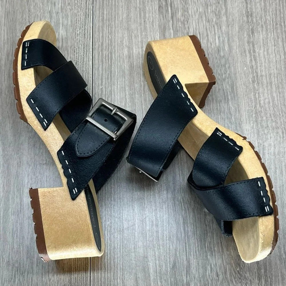 Xhilanation Sandals Womens Size 5 Cross Strap Slides Chunky Heel Leather Black - Picture 8 of 11